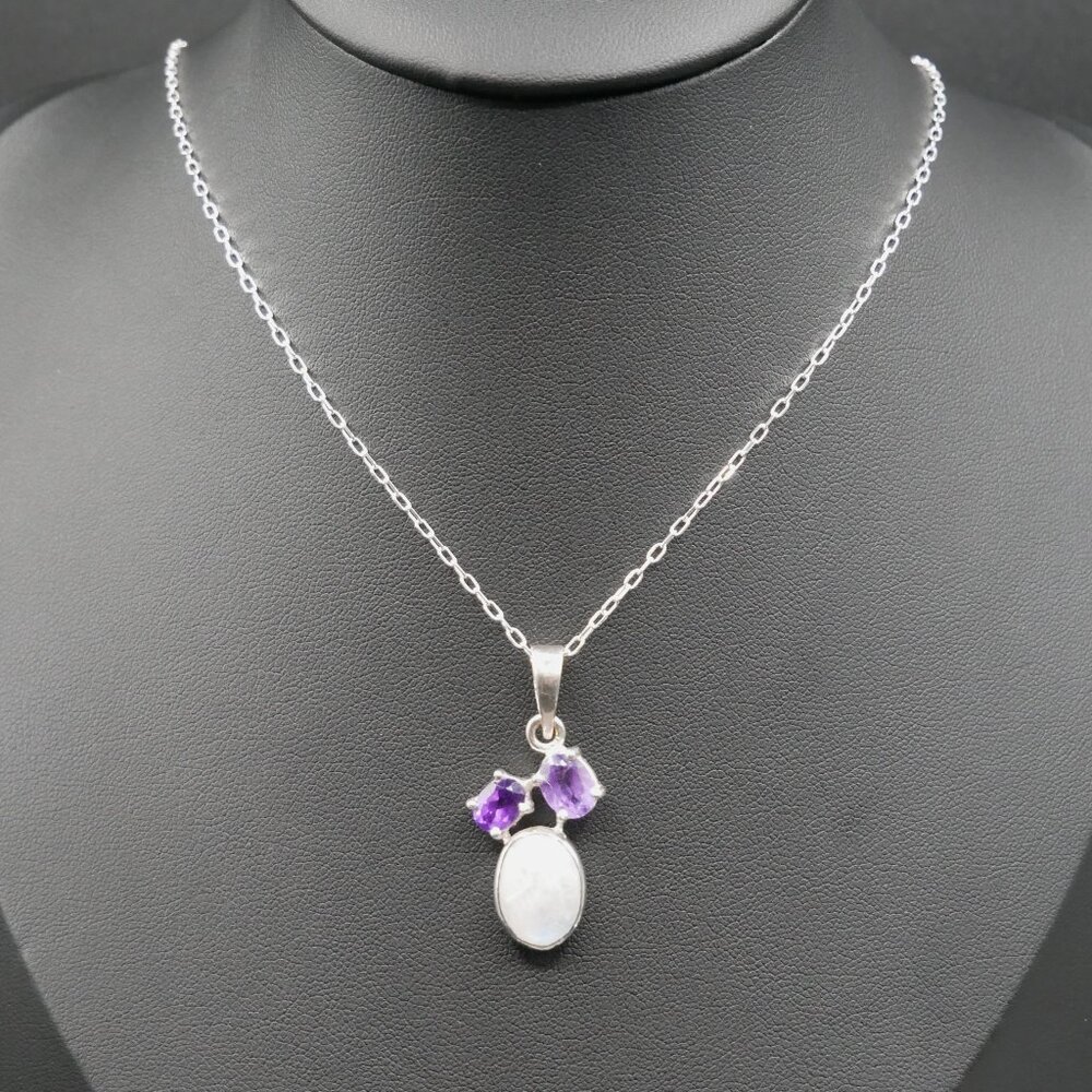 Artist Made Sterling Silver, Moonstone and Purple Amethyst Pendant Necklace 18"